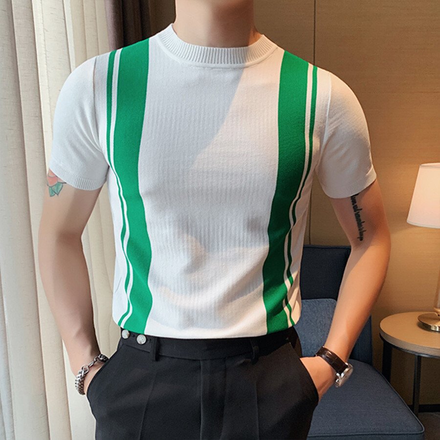 Men's Casual Striped Colorblock Short Sleeve Knit T-Shirt Black L