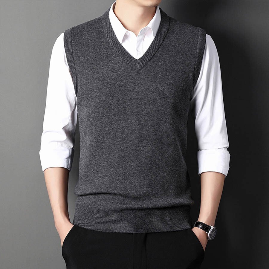 Men's Casual V-Neck Waistcoat Sweater Knit Sweater Black 4XL