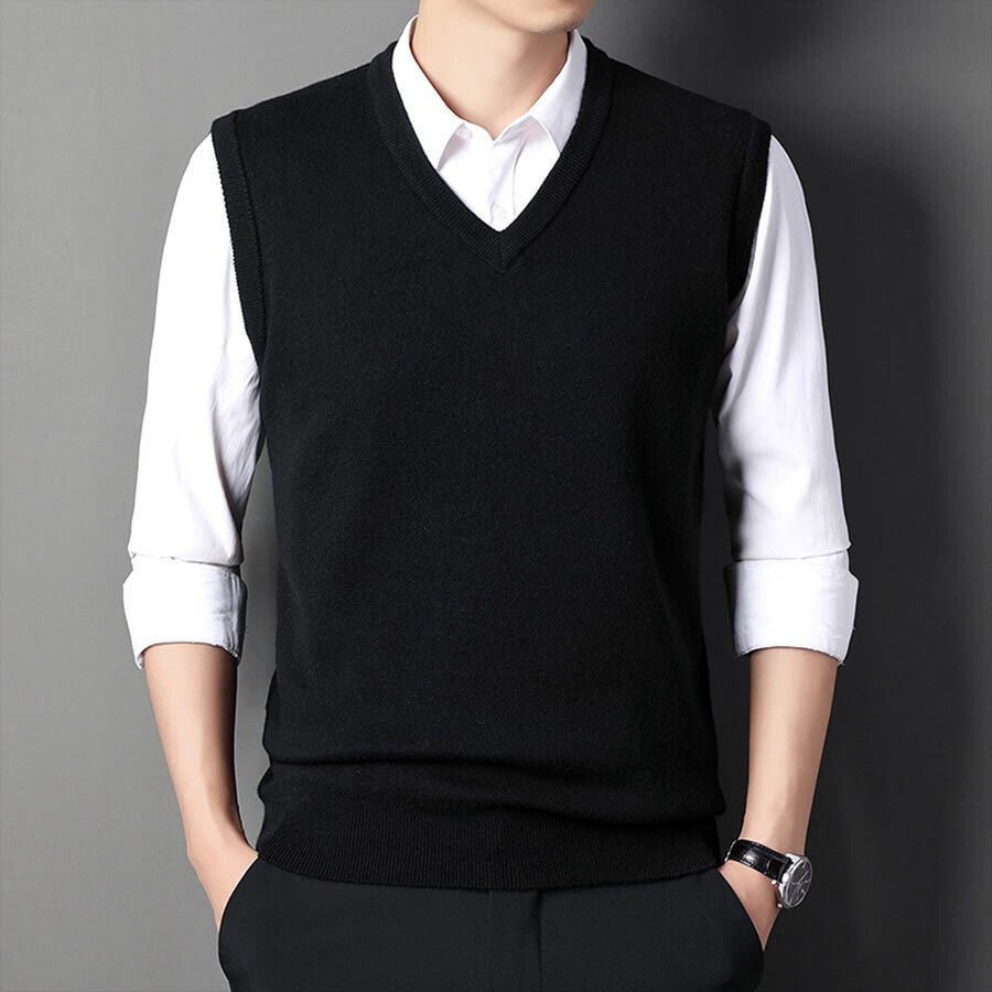 Men's Casual V-Neck Waistcoat Sweater Knit Sweater Black M