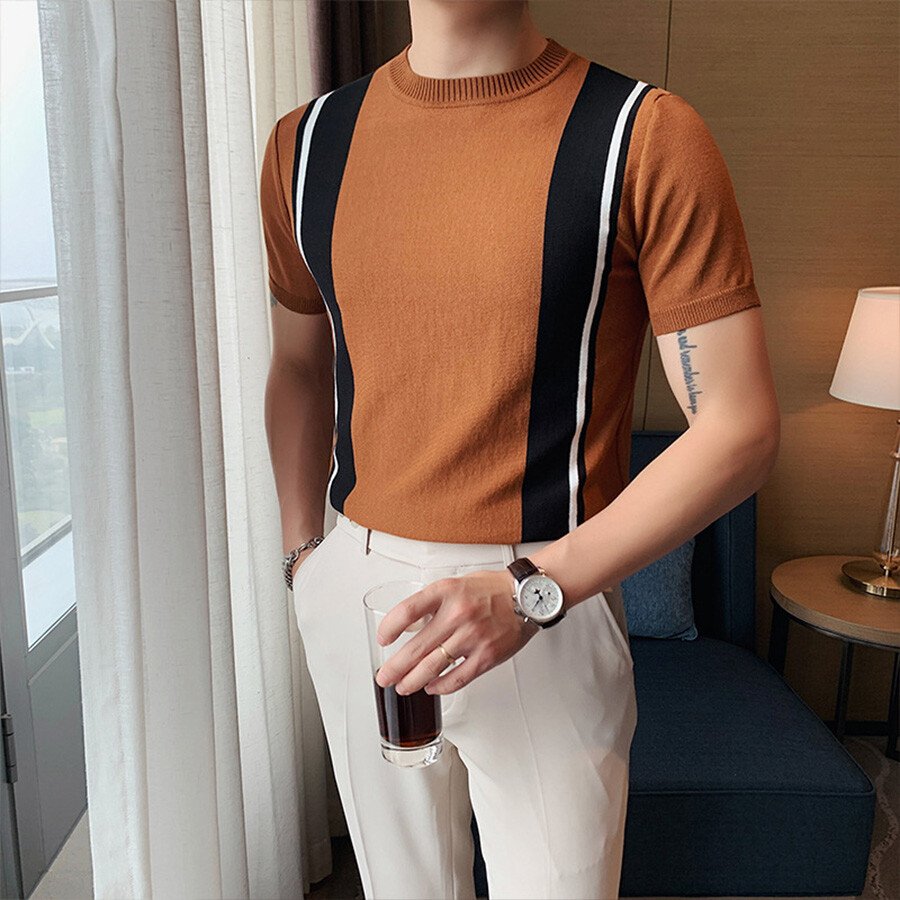Men's Casual Striped Colorblock Short Sleeve Knit T-Shirt Black 3XL