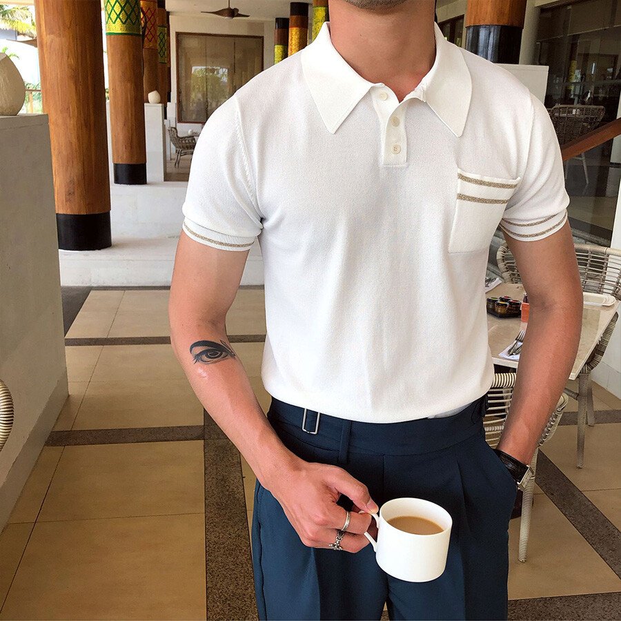 Men's Casual Striped Short Sleeve Knit T-Shirt Black L
