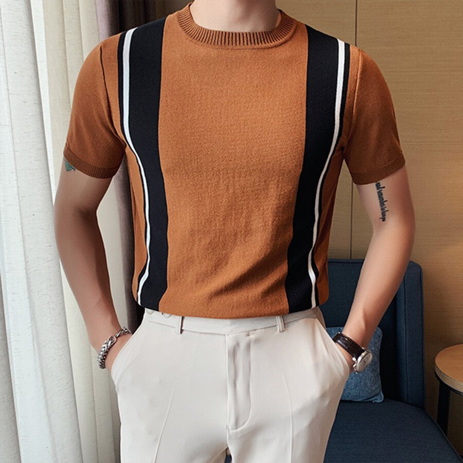 Men's Casual Striped Colorblock Short Sleeve Knit T-Shirt Black 2XL