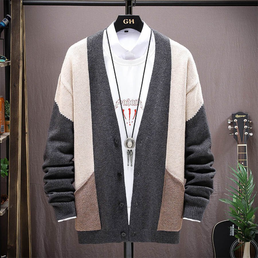 Men's Casual Knitted Cardigan Top Khaki L