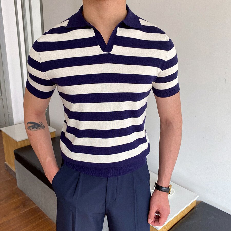 Men's Casual Striped Short Sleeve Knit T-Shirt Dark Blue XL