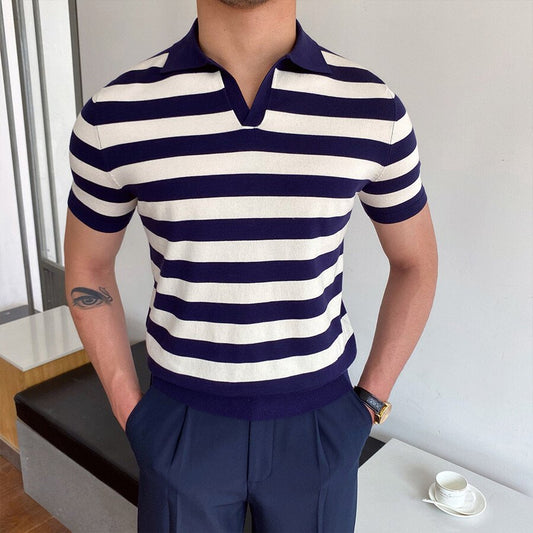 Men's Casual Striped Short Sleeve Knit T-Shirt Dark Blue M