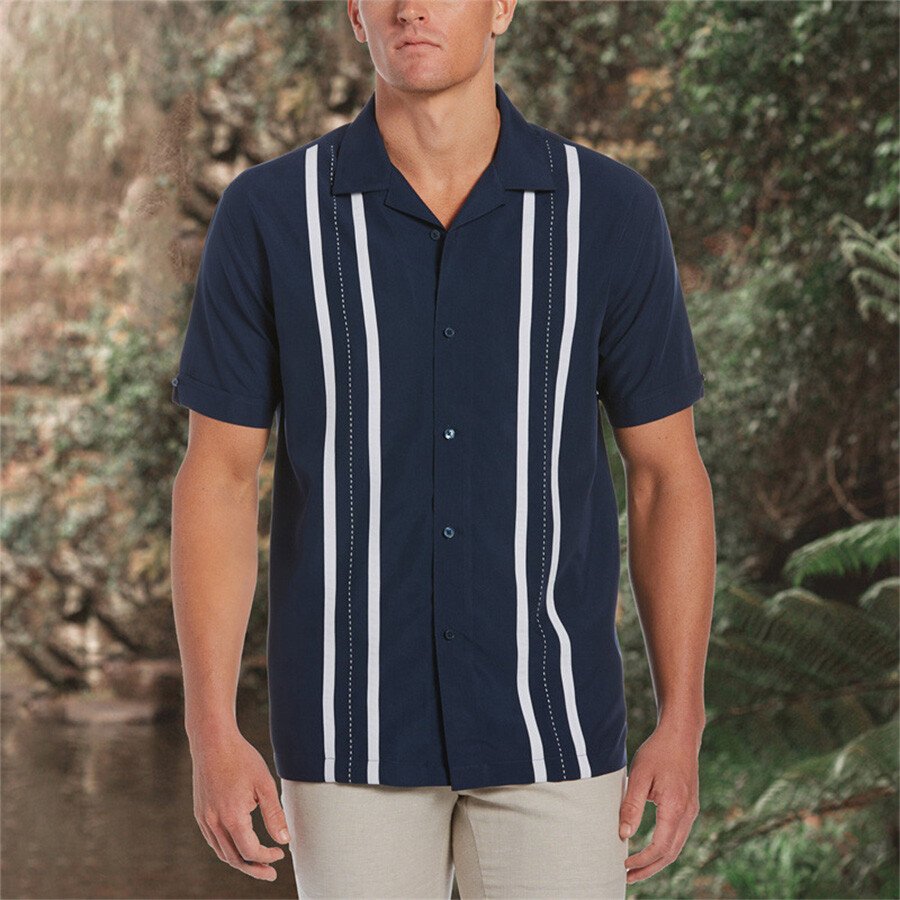 Men's Casual Lapel Short Sleeve Shirt T-Shirt Top Navy S