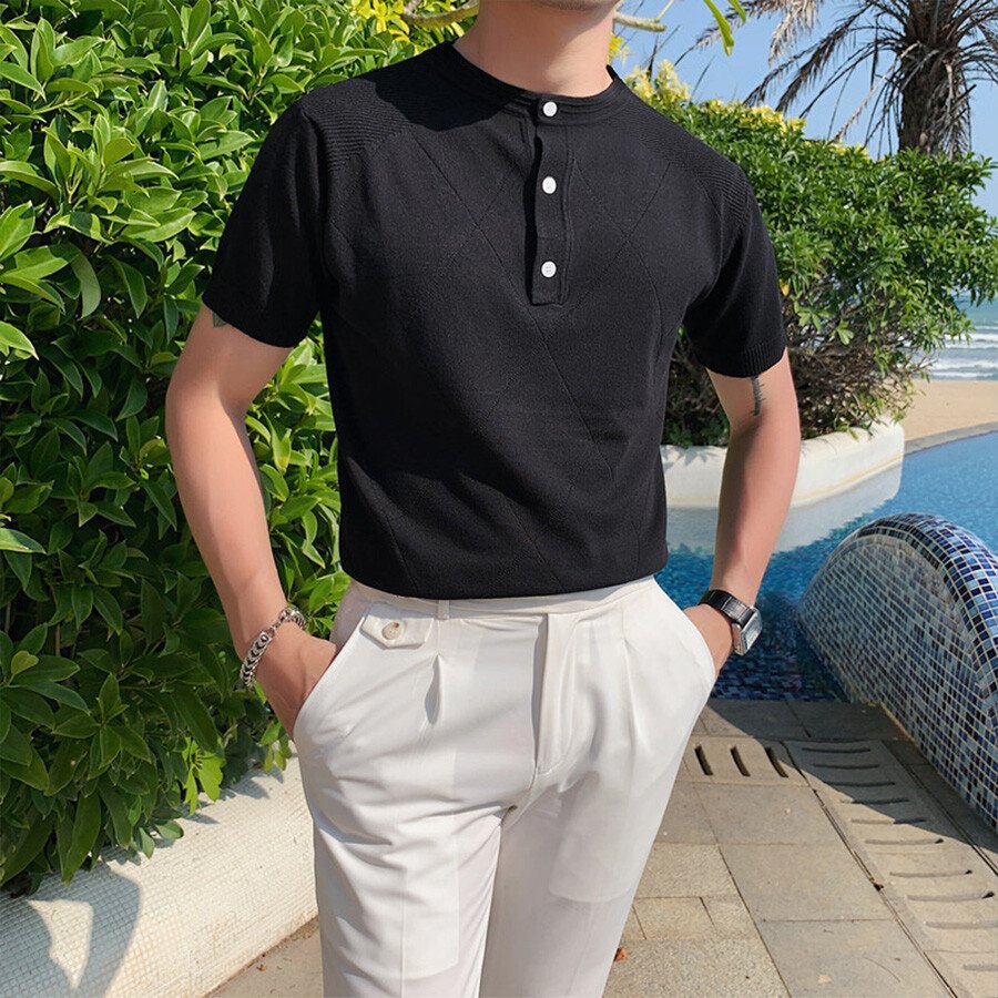 Men's Solid Color Short-Sleeved Sweater T-Shirt White 2XL
