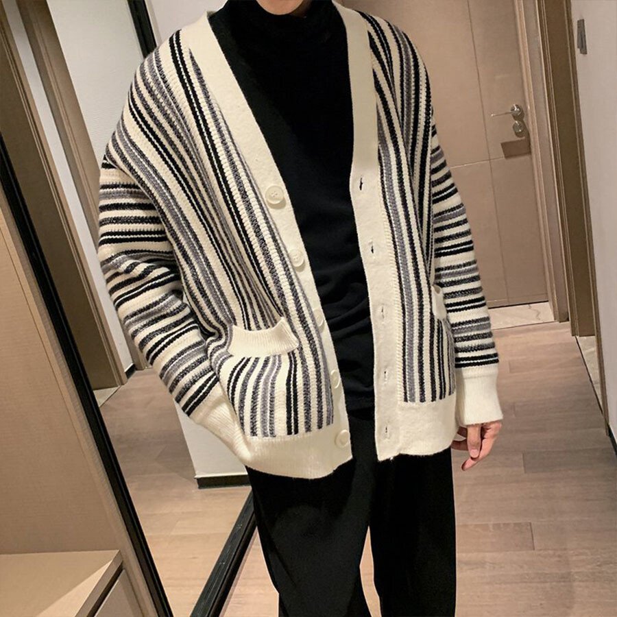 Men's Casual Knitted Cardigan Top White L