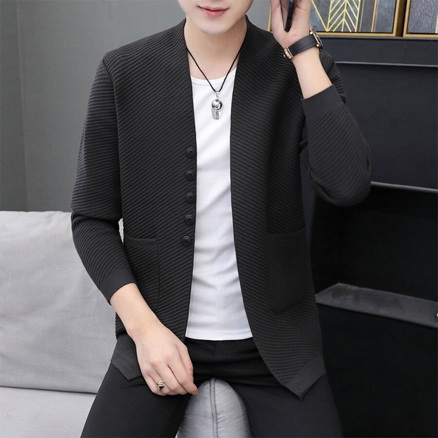 Men's Casual Knitted Cardigan Top Black L
