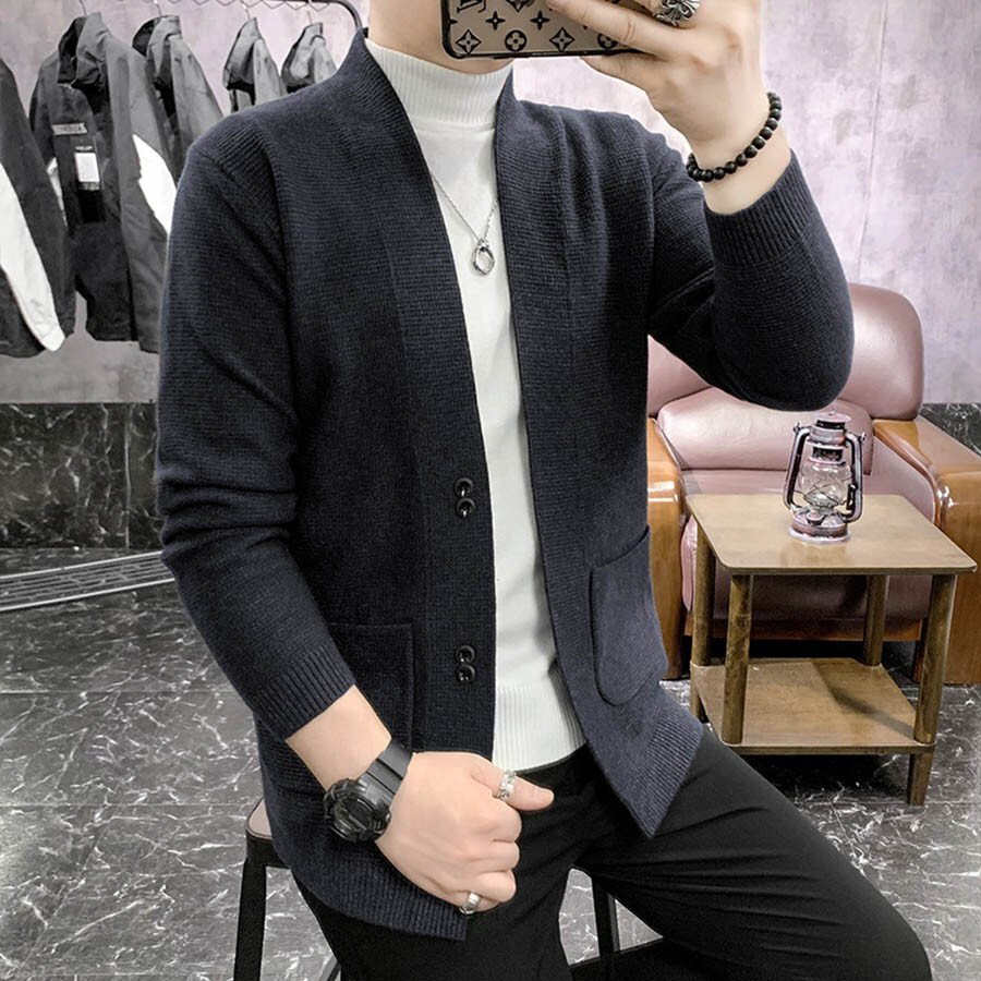 Men's Casual Knitted Cardigan Top Black L