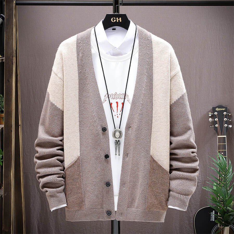 Men's Casual Knitted Cardigan Top Khaki M