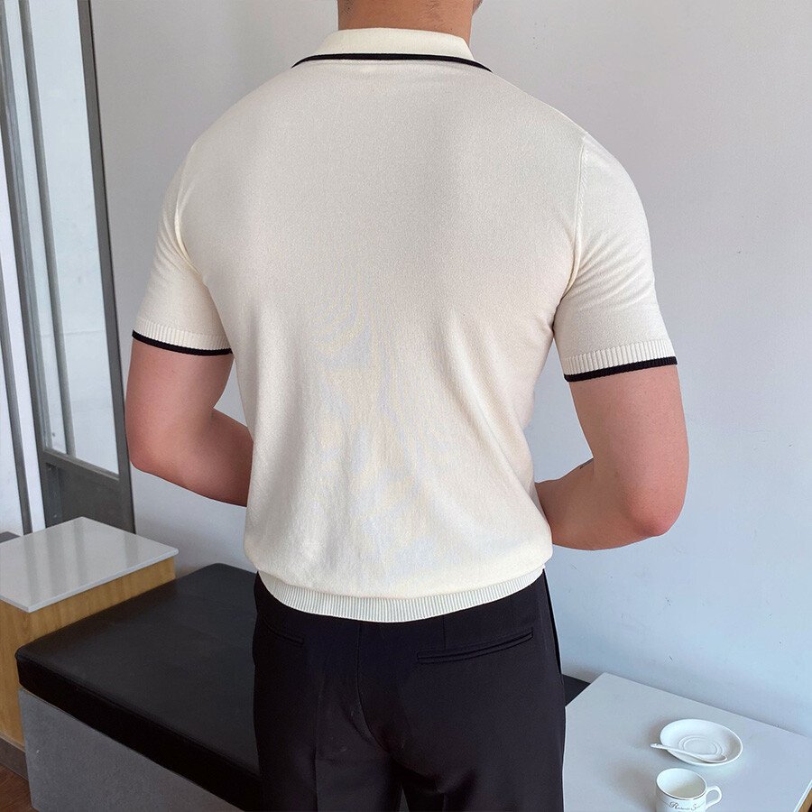 Men's Casual Striped Short Sleeve Knit T-Shirt White XL