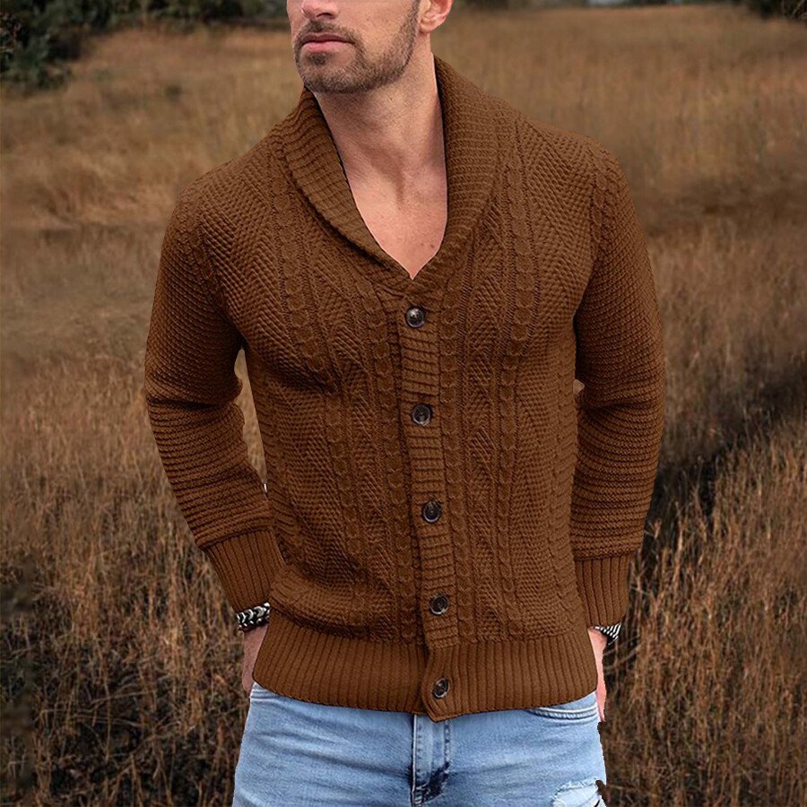 Men's Casual Solid Color Sweater Cardigan Jacket Brown M