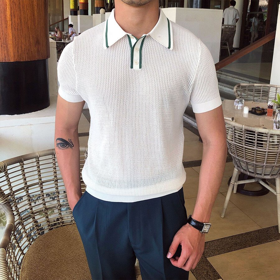 Men's Casual Striped Short Sleeve Knit T-Shirt Black L