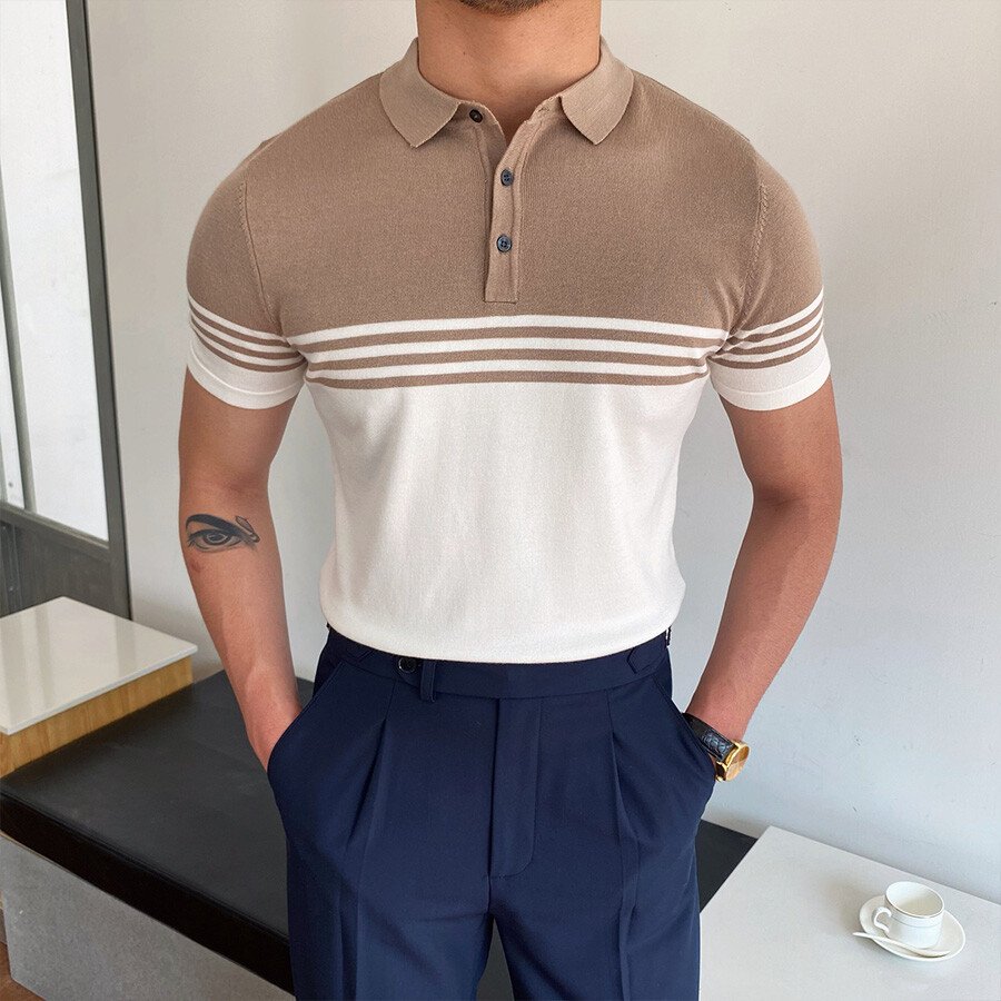 Men's Casual Striped Colorblock Short Sleeve Knit T-Shirt Black L