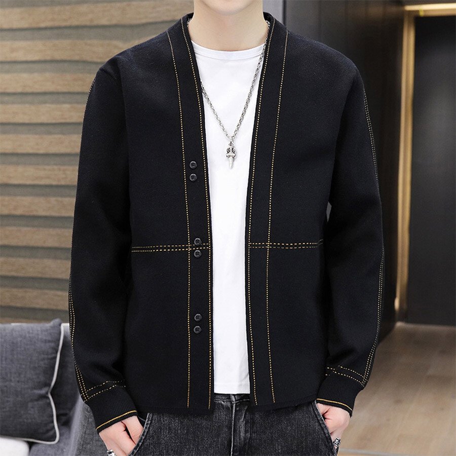 Men's Casual Knitted Cardigan Top Black M