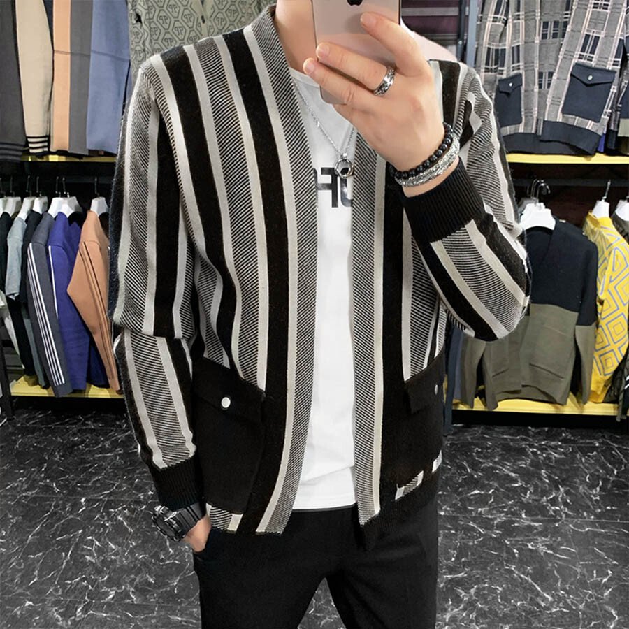 Men's Casual Knitted Cardigan Top Black M