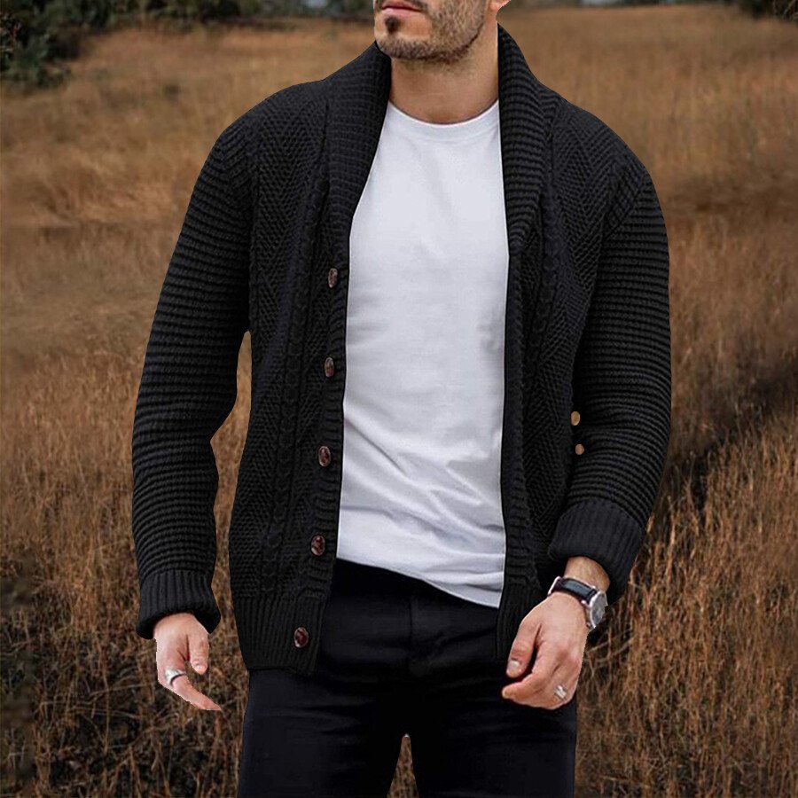 Men's Casual Solid Color Sweater Cardigan Jacket Black XL