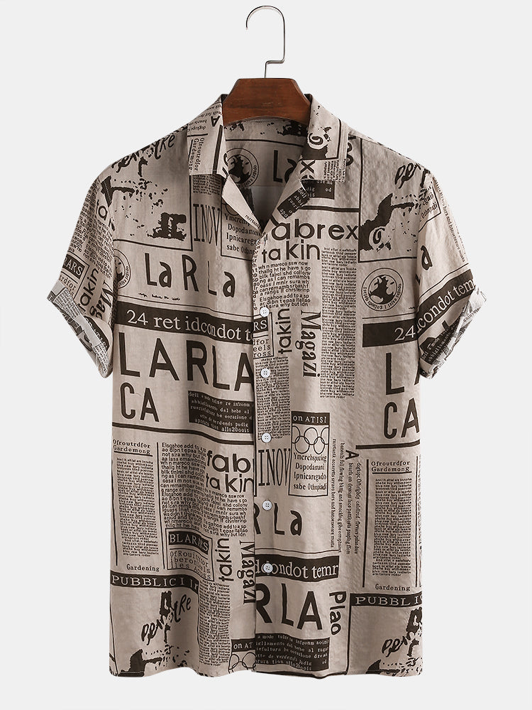 Mens 65% Cotton Fun Newspaper Print Casual Holiday Short Sleeve Shirt