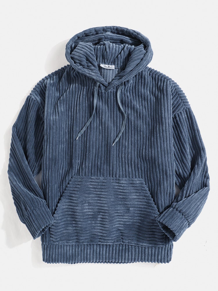 Mens Corduroy Solid Color Casual Loose Fit Kangaroo Pocket Drawstring Hoodies