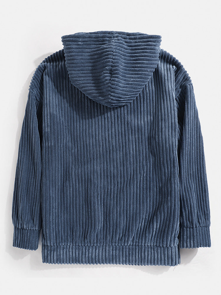 Mens Corduroy Solid Color Casual Loose Fit Kangaroo Pocket Drawstring Hoodies