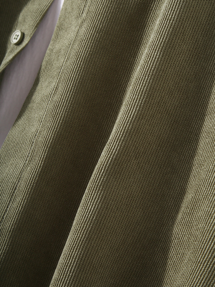 Mens Corduroy Solid Color Cargo Style Long Sleeve Shirts With Flap Pockets
