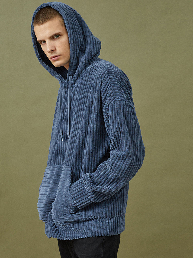 Mens Corduroy Solid Color Casual Loose Fit Kangaroo Pocket Drawstring Hoodies