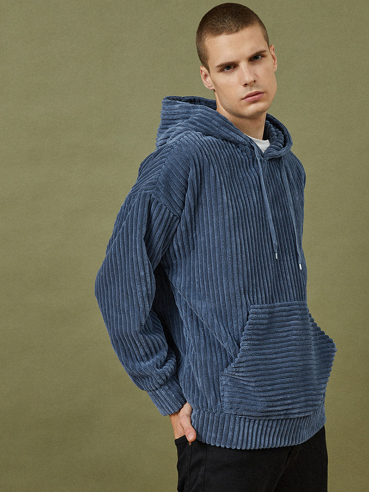 Mens Corduroy Solid Color Casual Loose Fit Kangaroo Pocket Drawstring Hoodies