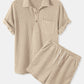 Mens Waffle Solid Color Half Open Collar Drawstring Short Sleeve Shirts&Shorts Loungewear SKUH44593