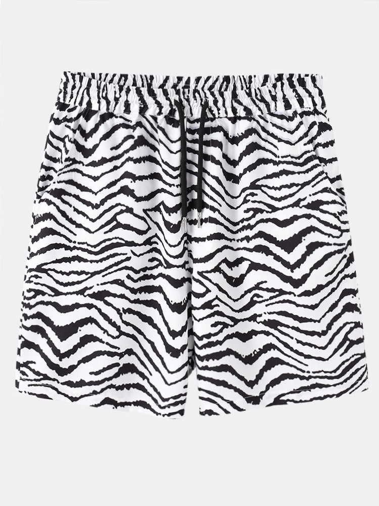 Mens Zebra Pattern Revere Collar Shirt & Drawstring Shorts Two Piece Outfits