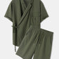 Mens Casual Wrap Tie Side Top Solid 100% Cotton Two Pieces Outfits