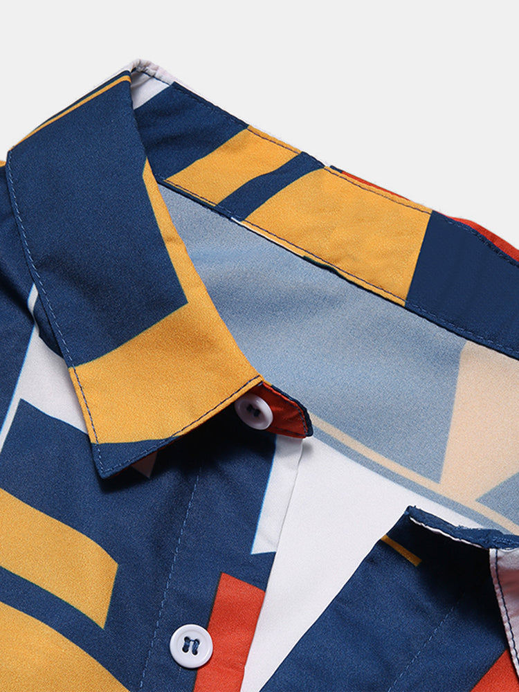 Mens Geometric Colorful Block Printed Short Sleeve Shirt