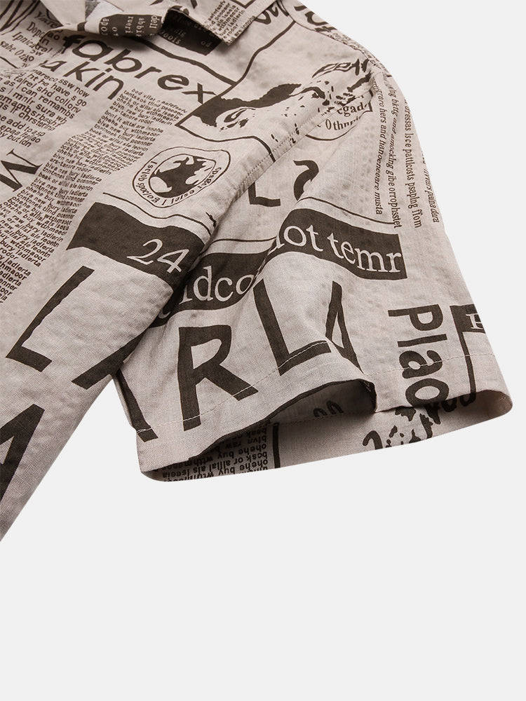 Mens 65% Cotton Fun Newspaper Print Casual Holiday Short Sleeve Shirt