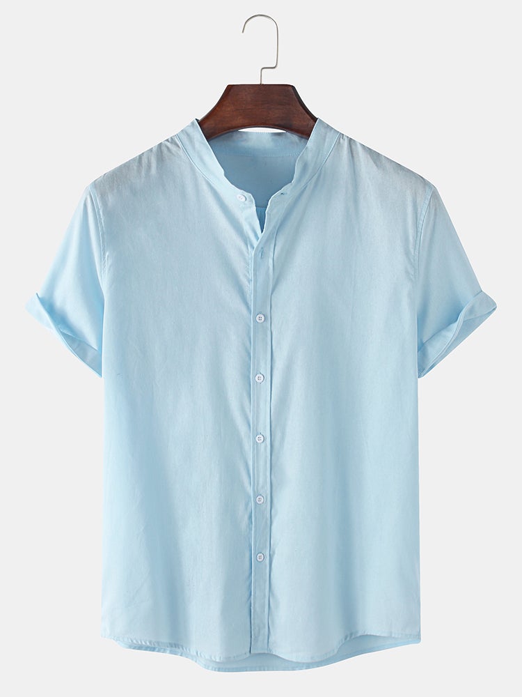 Mens Breathable Flax Stand Collar Solid Color Short Sleeve Shirt SKUF04403