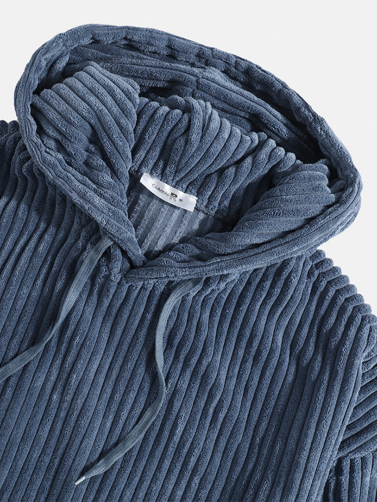 Mens Corduroy Solid Color Casual Loose Fit Kangaroo Pocket Drawstring Hoodies