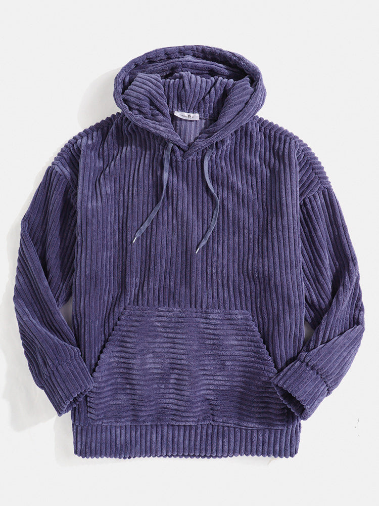 Mens Corduroy Solid Color Casual Loose Fit Kangaroo Pocket Drawstring Hoodies
