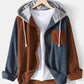 Mens Corduroy Colorblock Stitching Drawstring Hooded Shirt With Pocket