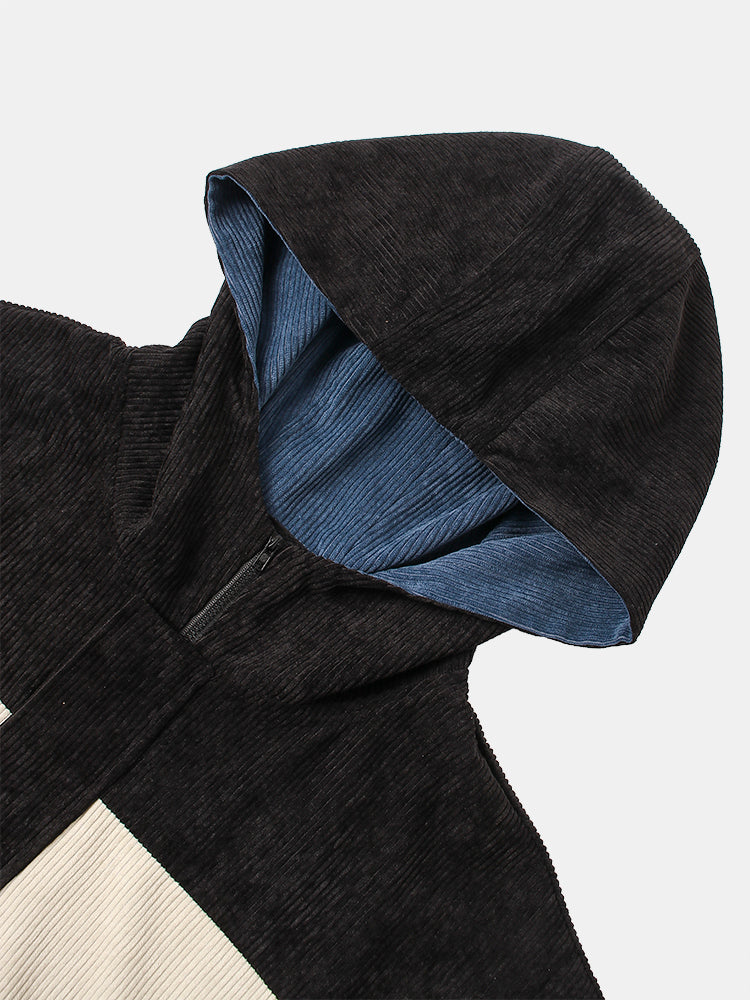 Mens Colorblock Corduroy Drawstring Hem Daily Pullover Hoodie