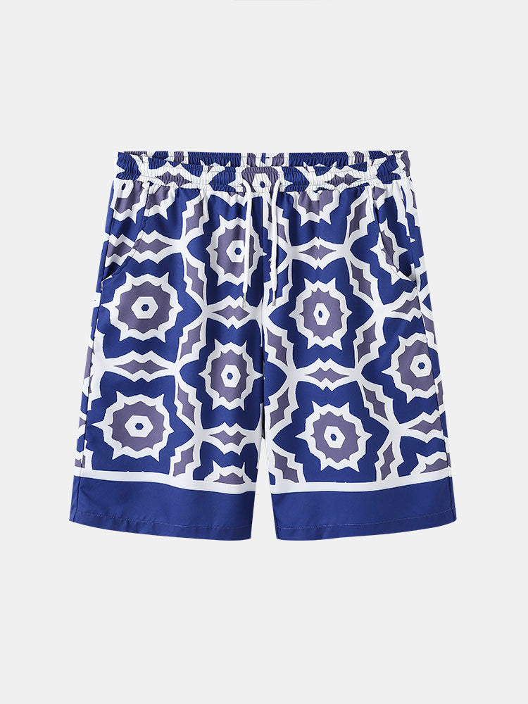 Mens Blue Baroque Print Revere Collar Short Sleeve Shirt & Shorts Co-ords