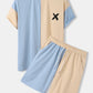 Mens X Pattern Patchwork Drop Shoulder Casual Short Sleeve Two Piece Outfits